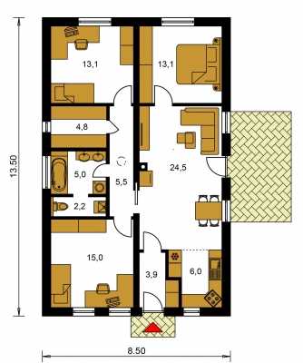 Spiegelverkehrter Entwurf | Grundriss des Erdgeschosses - BUNGALOW 121